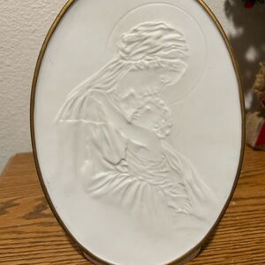 White Oval Relief Art of Mary with the Baby Jesus